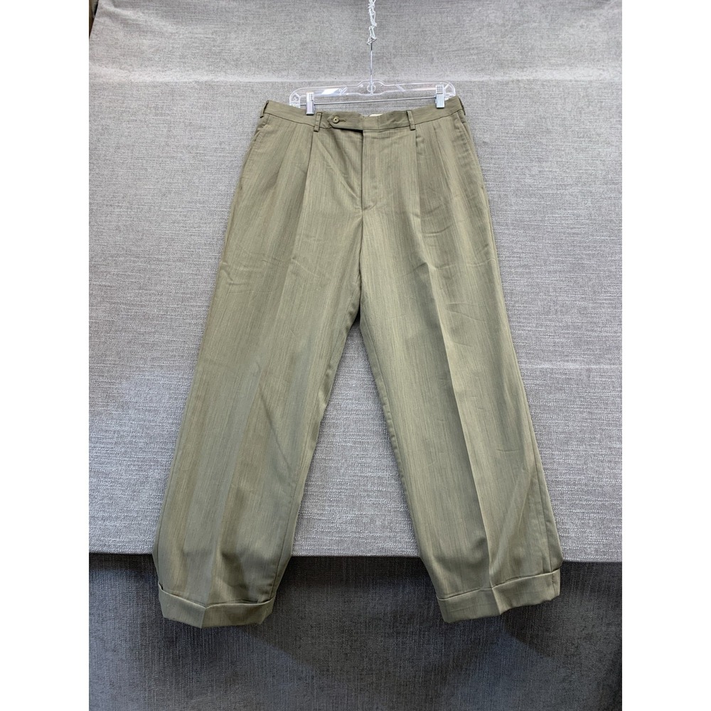 Corbin Dress Pants Mens 34 Green‎ 150s Micro Merino Pleated Straight Leg Oxford